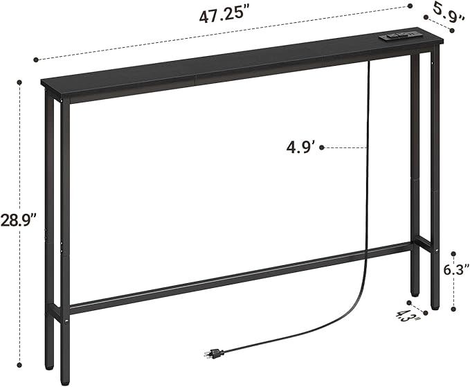ELYKEN 47.2" Narrow Console Sofa Table with Power Outlet, 5.9'' Behind Couch Table with Charging Station, Long Entryway Tables for Living Room, Hallway, Black