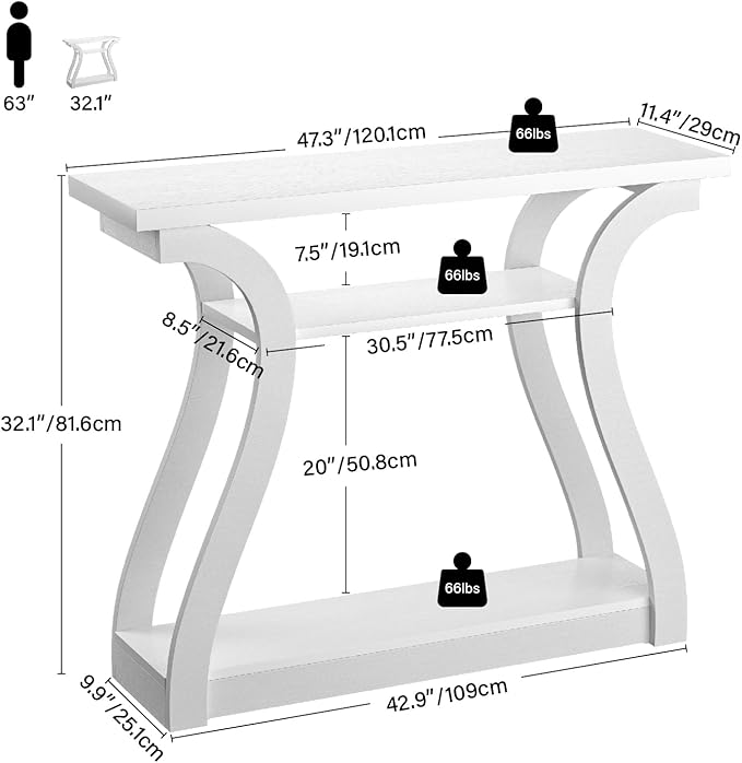 Wooden Console Table with Curved Legs and Shelf, 3-Tier Modern Accent Sofa Table for Entrance Area, Living Room, Hallway, 47 in Wide (White)