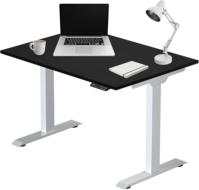 Progressive Desk Stand Up Electric Standing Desk, Compact Home Office Table, White Frame and Ebony Oak MDF Tabletop Prime Ryzer 42" x 24"