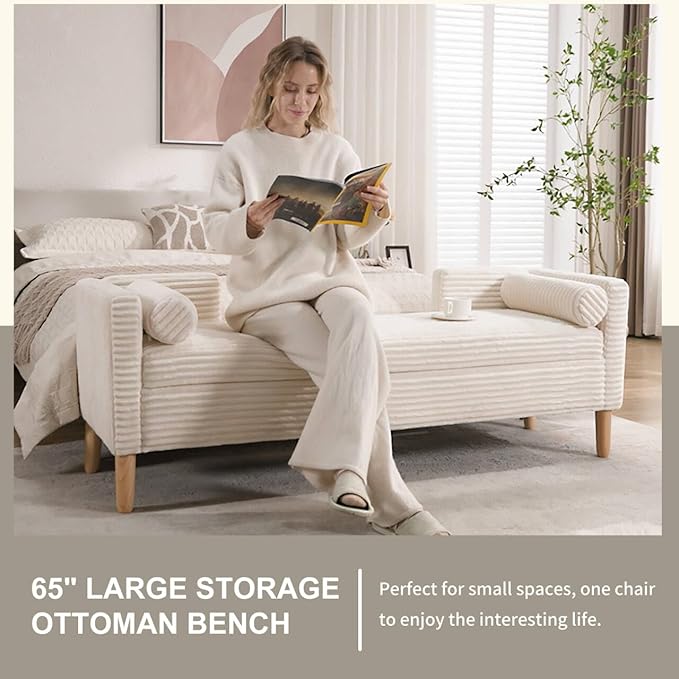 NIOIIKIT 65" Large Storage Ottoman Bench with 2 Pillows, Corduroy Upholstered Entryway Bench with Wood Leg, End of Bed Bench with Straight Armrest, Window Bench for Bedroom, Entryway (White)