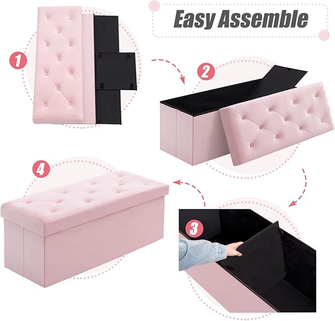 BRIAN & DANY 43 Inches Folding Storage Ottoman Bench, Velvet Ottoman with Storage for Living Room, Long Shoes Bench, Flannelette Footrest Benches Seat (Pink)