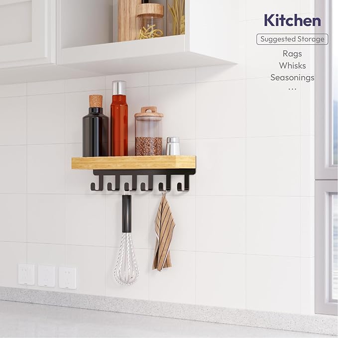 SWTYMIKI Key Holder Wall Mount - Wooden Key Hooks for Wall with Mail Organizer & 6 Hooks, 2 Installation Ways Key Hanger, Key Rack with Shelf for Entryway Living Room Bedroom Office Home Decor Wood