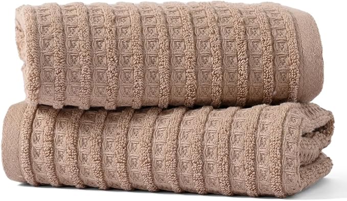 sense gnosis Brown Hand Towel Set of 2 Waffle with Terry Striped Pattern 100% Cotton Ultra Soft Absorbent Towels for Bathroom Kitchen Home 13 x 29 Inch