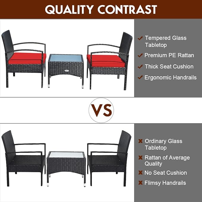 COSTWAY 3 PCS Patio Wicker Conversation Set, PE Rattan Sofa with Tempered Glass Coffee Table, 2 Chairs, 2 Cushions, Outdoor Patio Furniture Set for Yard Porch Bistro Balcony Backyard Pool, Red