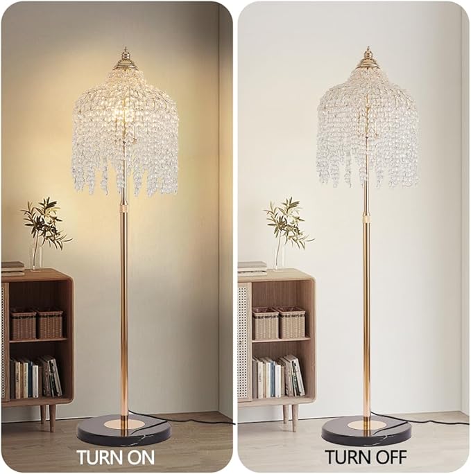 Vintage Style Floor Standing Lamp, Waterfall Design with Grape-Shaped Tall Gold Pole Light, Modern Dimmable Crystals Standing Lamps (Gold + Iron-7)
