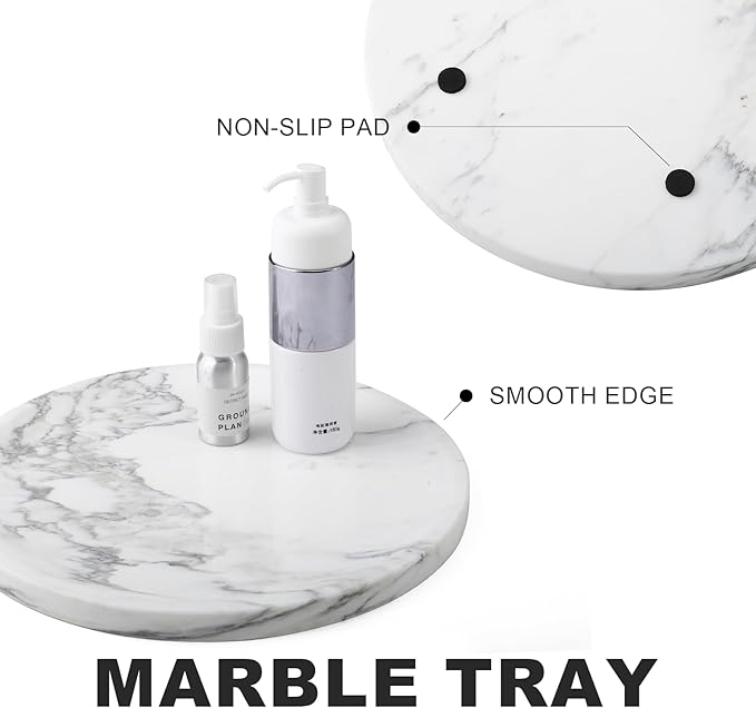 Marble Tray, White Bathroom Countertop, Decorative Serving Tray for Kitchen Counter and Coffee Table, Round Vanity Trays for Skincare and Perfume, Italian Statuario Natural Marble, 11.8