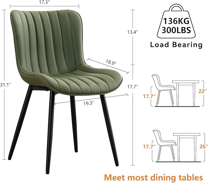 YOUNUOKE Mid-Century Modern Dining Chairs Set of 2, Olive Green PU Leather Upholstered Kitchen Chairs with Black Metal Legs, Armless Accent Side Chair for Dining Room, Guest Reception Room
