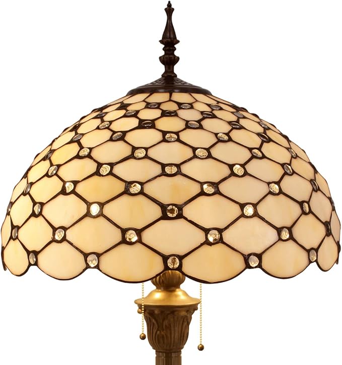 WERFACTORY Tiffany Floor Lamp Cream Amber Stained Glass Bead Standing Reading Light 16X16X64 Inches Antique Pole Corner Lamp Decor Bedroom Living Room Home Office S005 Series