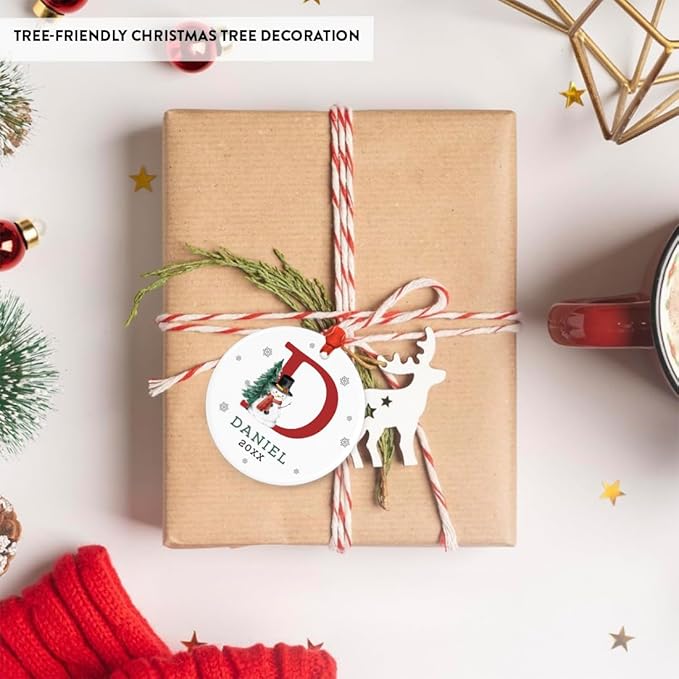 Andaz Press Personalized Ornament, Custom Name, Initial D Monogram Snowman 2.8" Ceramic Porcelain 2025 Christmas Ornament Keepsake for Kids, Boys, Girls, Includes Gold Ribbon & Gift Box, 1-Pack