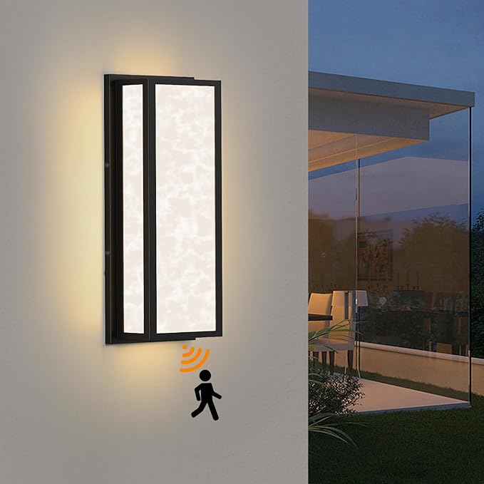 Motion Sensor Outdoor Wall Light LED 20W, Modern Exterior Lighting Fixture with Resin Shade - 16.9" Rectangular Waterproof Porch Wall Light IP65 for Garage, Front Door, Patio
