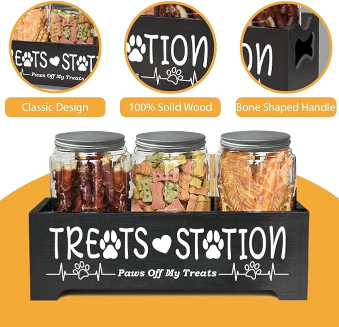 Dog Treat Container,Airtight Dog Food Storage Container with 3 Jars, Farmhouse Wood Dog Treat Jars, Pet Food Storage Containers for Dog, Cat or Small Animals(Black)