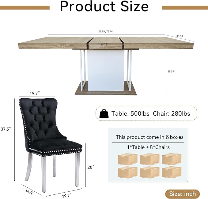 Goujxcy 78.7" Farmhouse Extendable Dining Room Table Set for 8, 9-Piece Rectangle Kitchen Dining Room Table Set with Wood Base and 8 Black Velvet Dining Chairs, Extending Kitchen & Dining Table Set