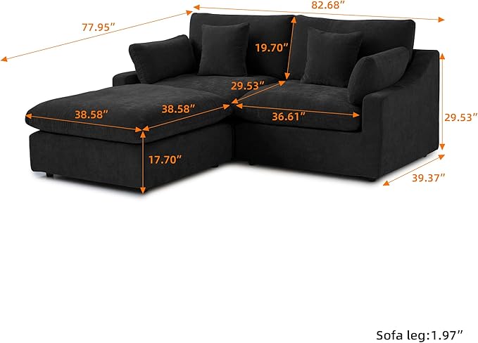 WJShome 83" Cloud Couch Sectional for Living Room, Down Filled Modular Sectional Sofa,L Shaped Sofas with Ottoman,Convertible Couch, Sofa Covers Washable&Replaceable,Black