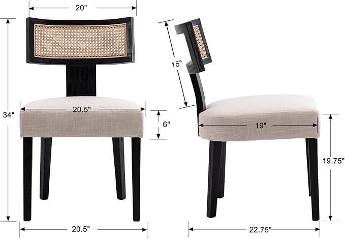 Rattan Dining Chairs Set of 2, Modern Dining Chairs Kitchen Dining Room Chair, Curved Cane Back Upholstered Linen Fabric Dining Chair with Black Wood Frame, Beige