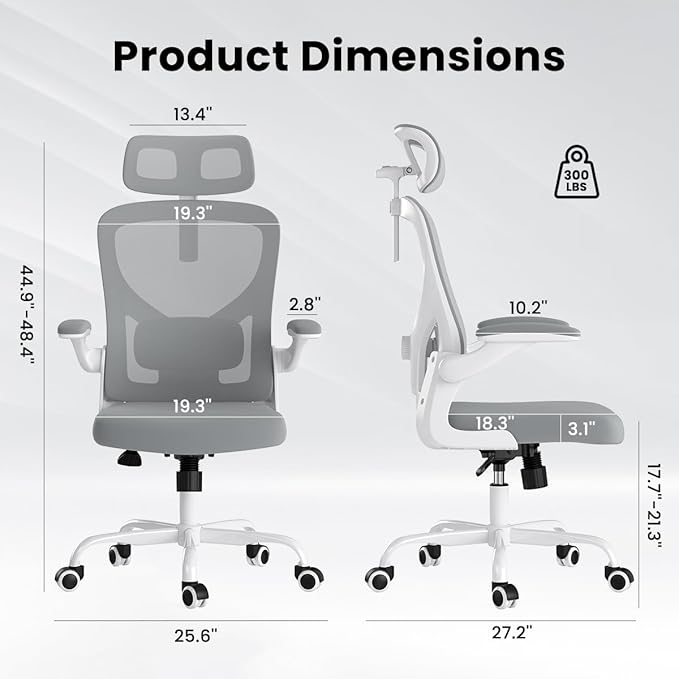 Soohow Office Chair, Ergonomic Office Mesh Desk Chair with Adjustable Back Support, High Back Comfy Computer Swivel Chair with Headrest, Lumbar Support for Study Room, Gaming and Office, White & Grey