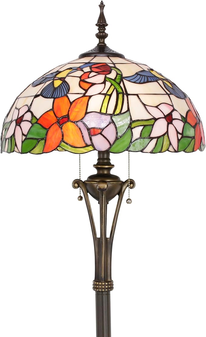 Tiffany Floor Lamp Amber Hummingbird Stained Glass Standing Reading Light 16X16X70 Inches Antique Pole Corner Lamp Decor Bedroom Office Living Room