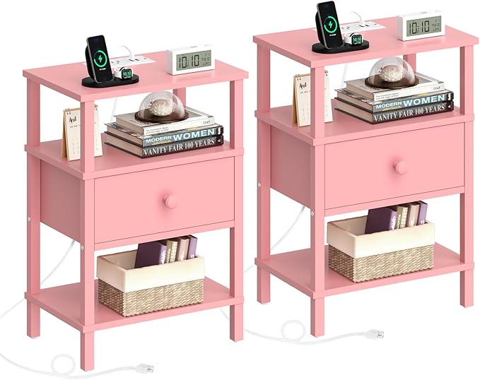 Lerliuo Nightstand Set of 2 with Charging Station and USB Ports, 3-Tier Storage Pink End Table with Drawer Shelf, Night Stand for Small Spaces, Wood Bedside Table for Living Room, Bedroom — Light Pink