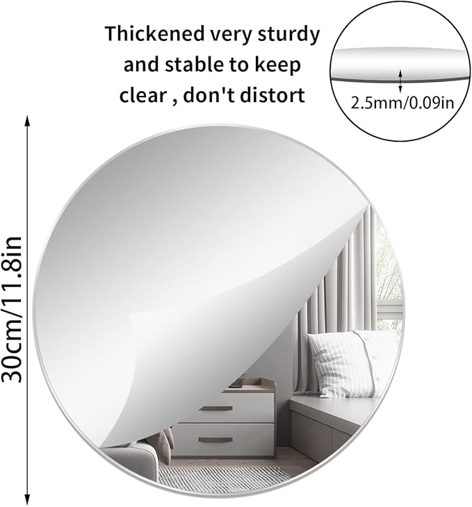 DARENYI 12'' Round Wall Mirror Tiles High Clear Reflecticon Self Adhesive Acrylic Mirror Sheets Circle Stickers for Bathroom, Bedroom, Door, Home Decor
