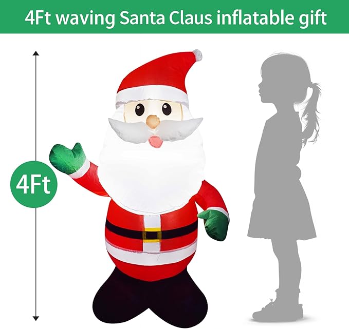 Mimi Funn 4FT Christmas Inflatable Santa Claus Raises his Hand, Blow up Lighted Santa Claus Yard Decoration Suitable for Christmas Indoor Outdoor Xmas Yard Party Holiday Garden Decor