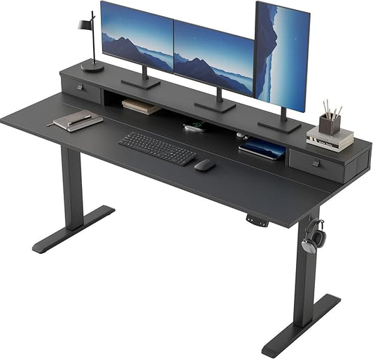 Klicelor 63 Inch Electric Standing Desk with Drawers, Adjustable Height Small Sit Stand Desk for Home Office, Compact Computer Workstation with Storage– Black
