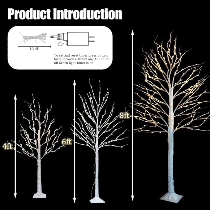 TW SHINE Set of 3 Lighted Birch Tree, 4FT 6FT 8FT White Artificial Christmas Tree with Total 456 LED Light, Prelit Waterproof Christmas Decoration for Indoor Outdoor Thanksgiving Wedding Holiday