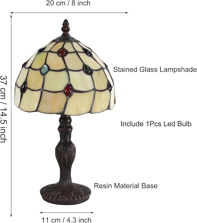 Tiffany Style Table Lamp, 8 Inch Stained Glass Lamp, Small Antique Bedside Lamp, for Nightstand Bedroom Living Room Home Office, Include LED E26 Bulb
