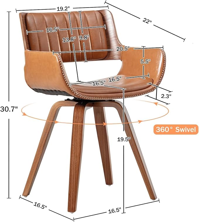 LUNLING Swivel Accent Faux Leather Dining Chairs Set of 2 Mid Century Modern Chairs with Wooden Legs/Armrest/Upholstered Seat/Adjustable Foots for Kitchen Dining Room Desk Chairs(Brown)