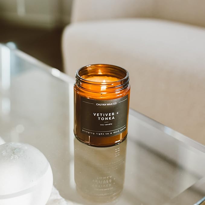 Calyan Wax Co. Vetiver & Tonka Scented Candle - 57 Hour Burn - Luxury Non Toxic Soy Wax Candles - Long Lasting Amber Glass Jar Candle for Home - 7.2oz