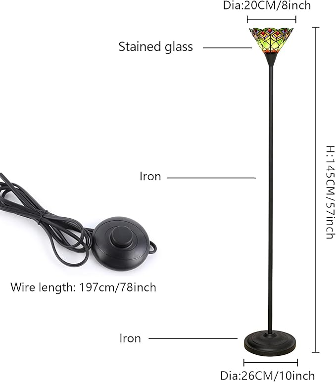 Tiffany Torchiere Floor Lamp Green Peacock Tail Style Stained Glass Floor Light Antique Tall Standing Lamp Handcrafted Pole Reading Uplight Lamp for Home Office Living Room