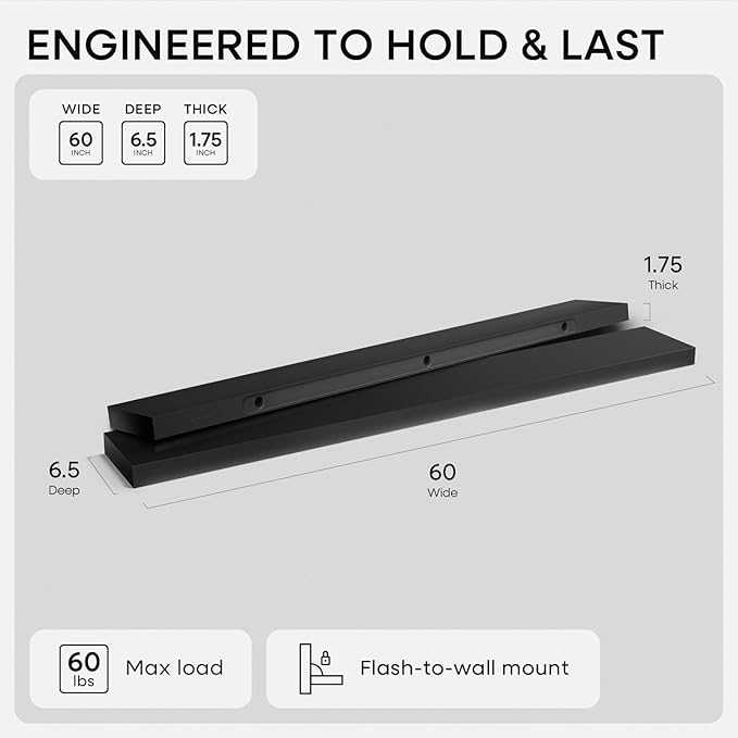 Homeforia Floating Black Shelf 60 inch, High End Solid Real Wood 60 inches Long Floating Shelves for Wall, Black Wooden 60inch Large Floating Shelves, Heavy Duty Bracket, 60 X 6.5 X 1.75 in, Set of 2