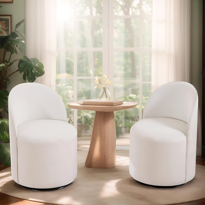Modern Barrel Dining Chairs Set of 2, Swivel Base White Accent Chair 360°Rotating Vanity Chair Mid-Century Dining Side Chair Kitchen Chair for Living Room, Bedroom, Home, Office, Kitchen