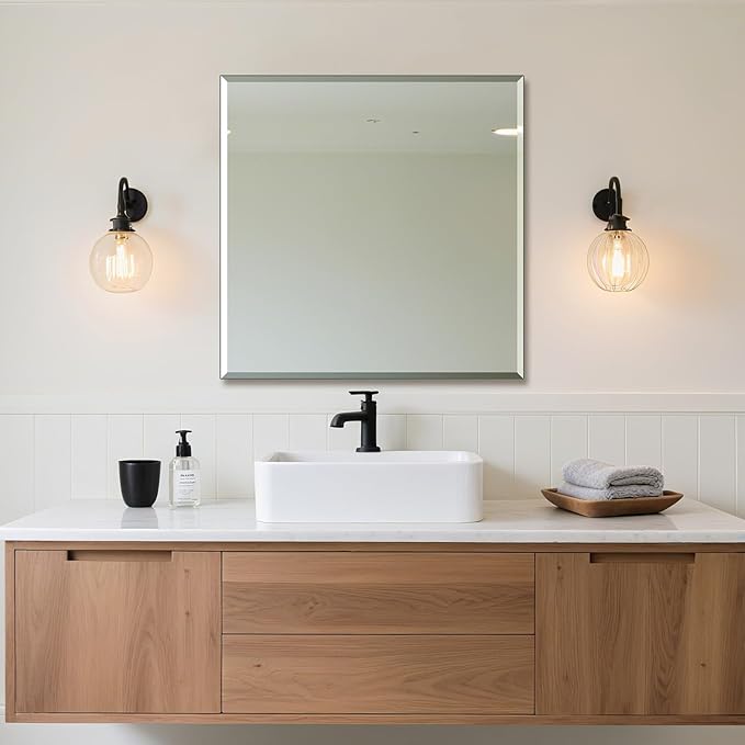 Ruomeng Frameless Mirror for Wall, 30x30 Inch Bathroom Vanity Mirror Farmhouse, Rectangle Mirror with Beveled Edge, Tempered Glass, Hangs Horizontally or Vertically