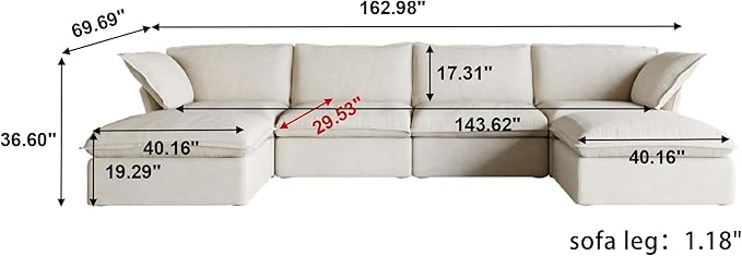 WJShome Cloud Modular Sectional Sofa with Storage Ottoman,165.2" Down Filled Comfort U Shaped Sofa Couch for Living Room,Minimalist Wide Deep Seat Convertible Couches (4 Seater and 2 Ottoman,Beige)