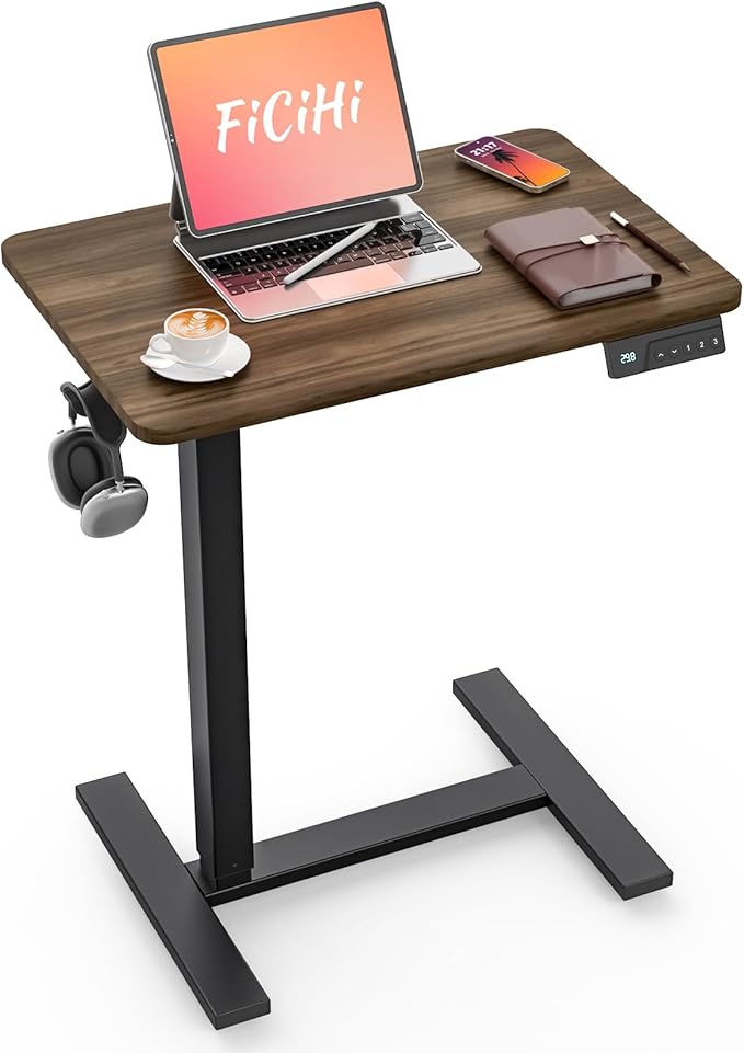 FiCiHi Small Electric Standing Desk - Adjustable Height Bedside Laptop Table with Wheels, Mobile, Portable Rolling Computer Workstation Sit Stand Table for Home Office, Sofa, Couch Use(28x16,Walnut)