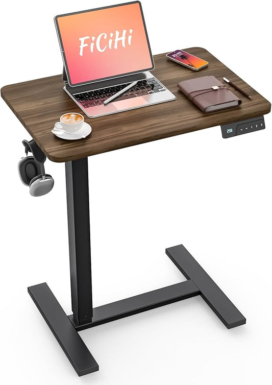 FiCiHi Small Electric Standing Desk - Adjustable Height Bedside Laptop Table with Wheels, Mobile, Portable Rolling Computer Workstation Sit Stand Table for Home Office, Sofa, Couch Use(28x16,Walnut)