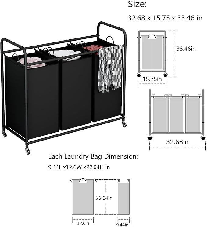 LINZINAR 3-Bag Laundry Basket Hamper Laundry Sorter Cart laundry room organization with Heavy Duty Rolling Lockable Wheels and Removable Bags (Black)