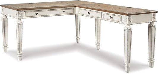 Signature Design by Ashley Realyn French Country 3-Drawer 2-Piece Home Office Desk with Spring Lift Top, USB Ports and AC Plug-Ins, Dark Brown & White