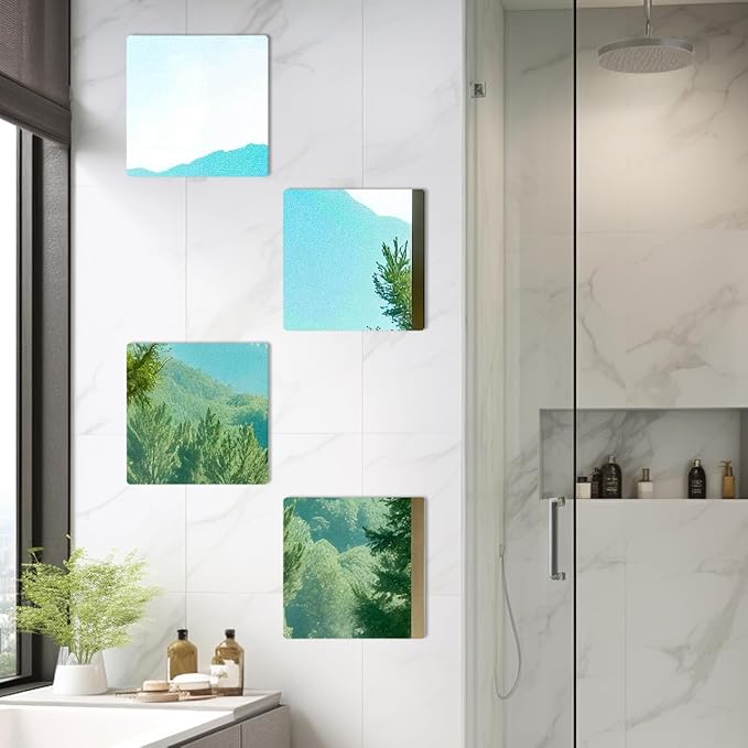 Cabilock 4 Pack Acrylic Mirror Tiles 16X16 Inch Self Adhesive Full Length Wall Mirrors with Rounded Corners Shatterproof Stick on Sheets for Bathroom Home Decor