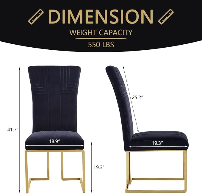 AUZ Dining Chairs Set of 8, Black Velvet Dining Chairs with Polished Gold Sled Legs, Modern Upholstered High Back Chairs for Kitchen and Dining Room