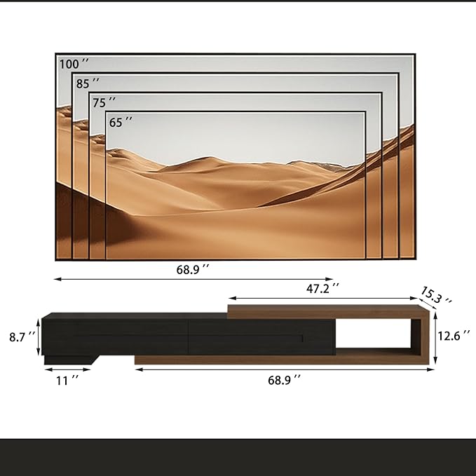 80’’-115’’ Extendable TV Stand for 120 Inch TV, Walnut Wood Modern Entertainment Center, Rectangle TV Console Table, Extendable, Black