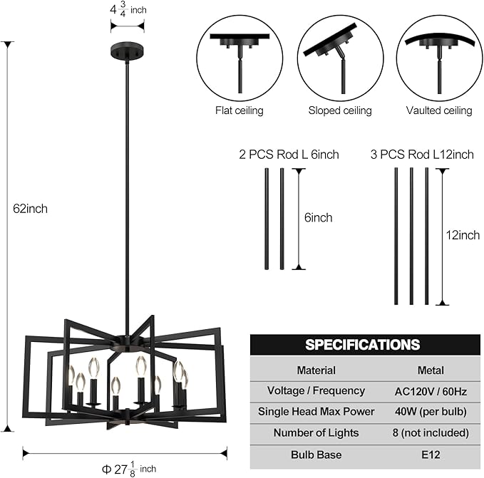 Modern Black Chandelier, 8-Light Geometric Dining Room Light Fixture, Industrial Pendant Lights Kitchen Island, Hanging Metal Farmhouse Chandeliers for Dining Room Entryway Foyer Bedroom Kitchen