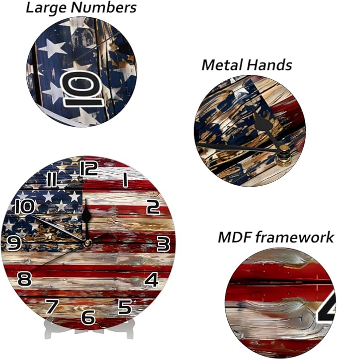 Old Wooden American Flag Wall Clock Battery Operated 10 in Round Wall Clocks Slilent Non Ticking Quartz Analog Clock for Bedroom Kids Living Room Classroom Decor