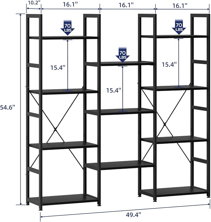 NUMENN Triple Column 4 Tier Bookshelf, Bookcase with 11 Open Display Shelves, Adjustable Rustic Industrial Style Book Shelves, Modern Bookshelves for Bedroom, Living Room and Home Office, Black