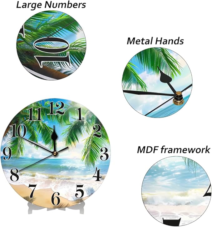 Tropical Beach Coconut Tree Wall Clock Battery Operated 10 in Round Wall Clocks Slilent Non Ticking Quartz Analog Clock for Bedroom Kids Living Room Classroom Decor
