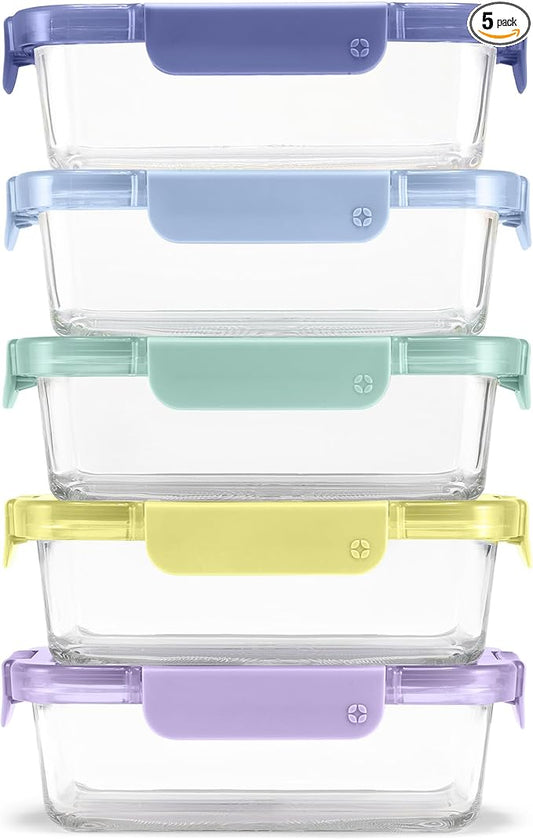 Ello Color Lock 3.4 Cup 10PC, 5 Pack Glass Meal Prep Sets Leak-Proof Glass Food Storage Containers with Airtight BPA-Free Plastic Lids, Dishwasher, Microwave, and Freezer Safe, Purple Rain