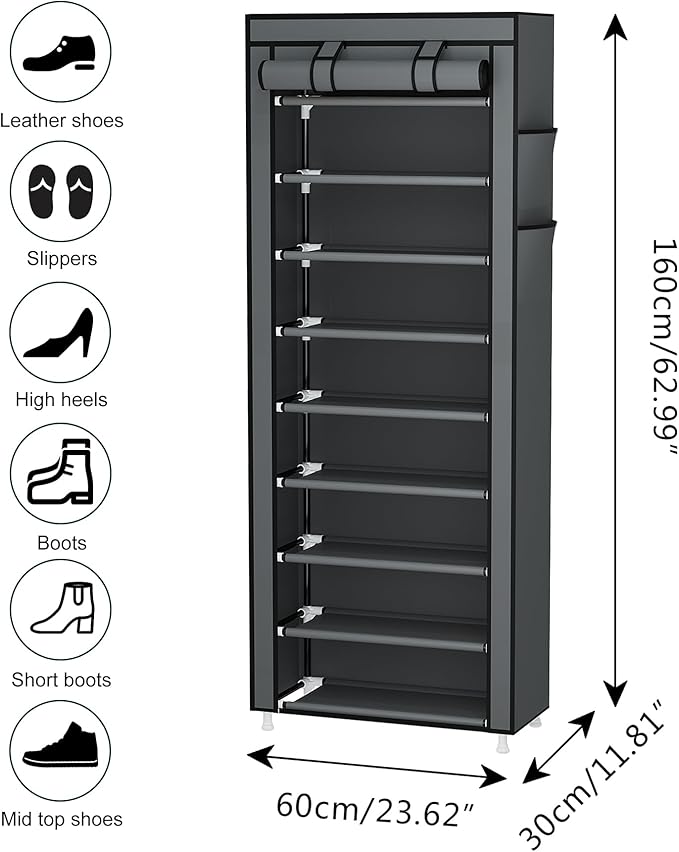 Calmootey 9 Tier Shoe Rack Organizer,Portable Shoe Shelf with Nonwoven Fabric Cover for Closet Hallway,Bedroom,Entryway,Grey