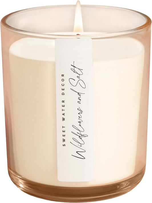 Sweet Water Decor Wildflowers and Salt Scented Soy Candles – Jasmine, Lily, Geranium, Violet, Leafy Greens – Cozy Floral Aroma – 50 Hour Burn – 12oz Tinted Glass Jar for Home Decor and Bedroom Decor