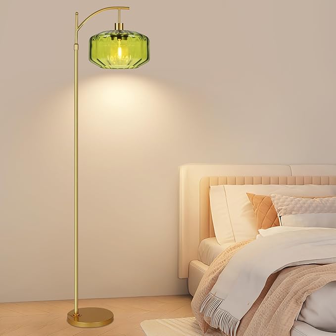 Arc Floor Lamps for Living Room Bedroom,Gold Floor Lamp with Remote Control & Glass lampshape,Dimmable Floor Lamp Modern Mid Century Modern Standing Lamp Vintage Tall Flower Lamp for Bedroom Corner