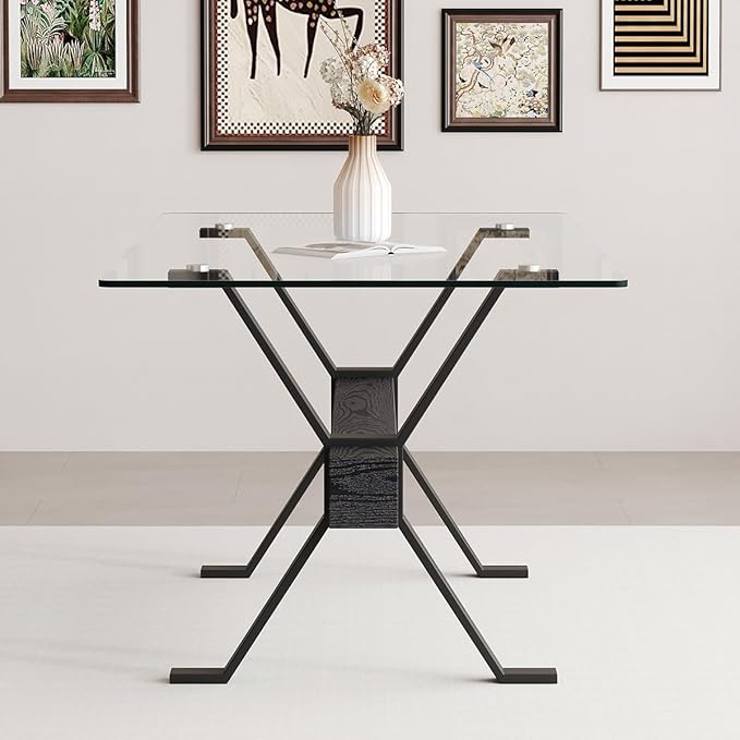 Glass Dining Table 71"｜Modern Dining Table for 6｜0.4" Thick Tempered Glass Top｜Matte Black Metal Legs｜Black Crossbar｜Easy Assembly｜Perfect for Dining Room or Kitchen