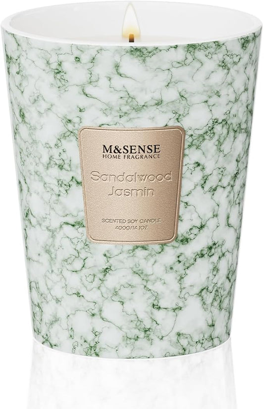 M&SENSE Sandalwood Jasmin Scented Soy Candle, 3 Wick Highly Scented 14.1 Oz 80H, Aromatherapy Christmas Gift for Women and Men